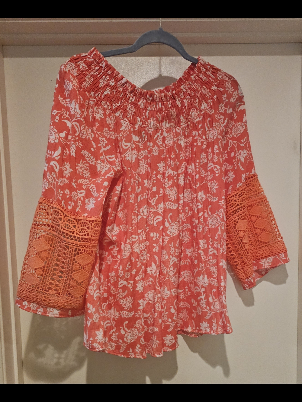 Women’s Coral Floral Off-Shoulder Blouse with Crochet Bell Sleeves